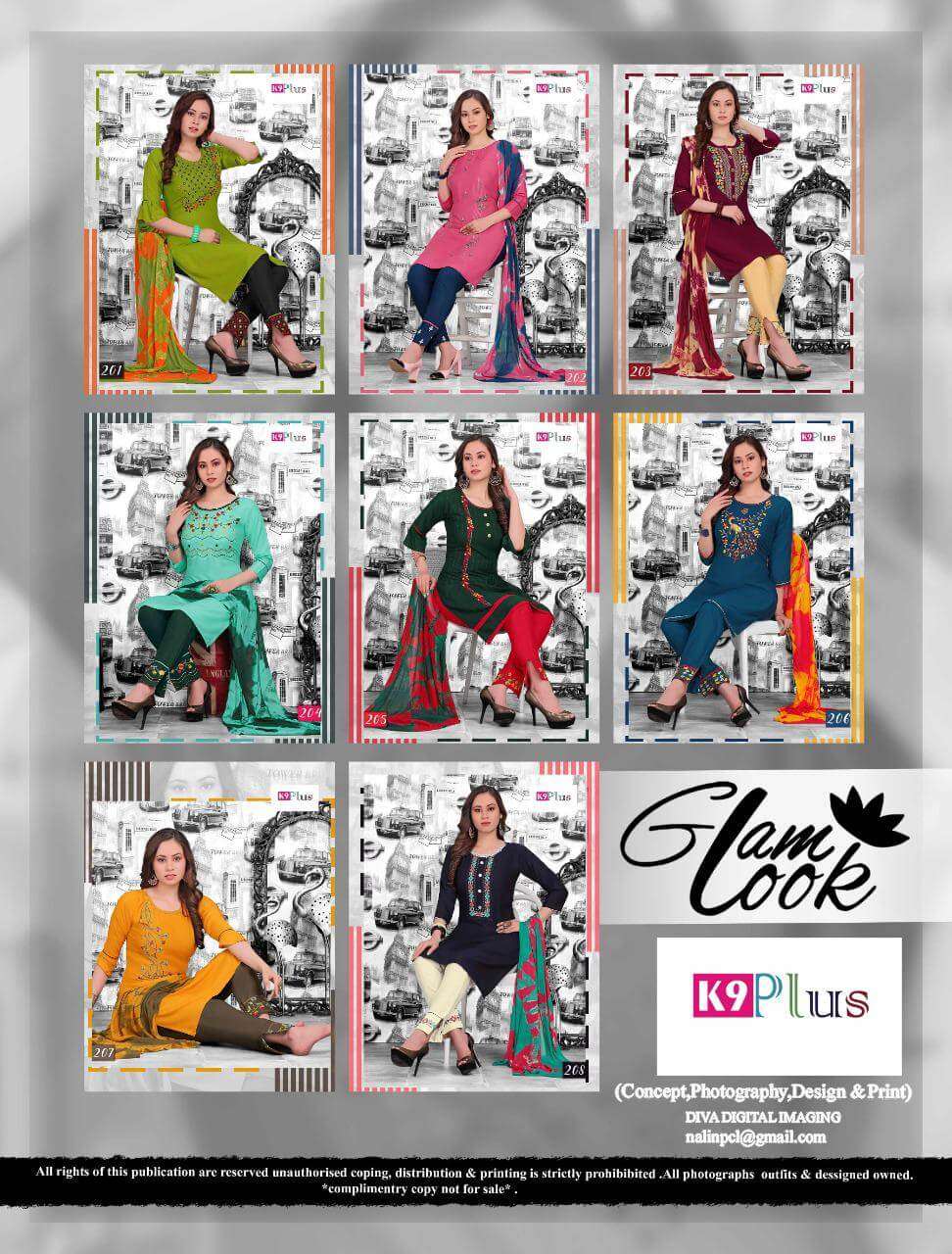 GLAM LOOK BY K9 PLUS 201 TO 208 SERIES BEAUTIFUL STYLISH SHARARA SUITS FANCY COLORFUL CASUAL WEAR & ETHNIC WEAR & READY TO WEAR HEAVY RAYON DRESSES AT WHOLESALE PRICE