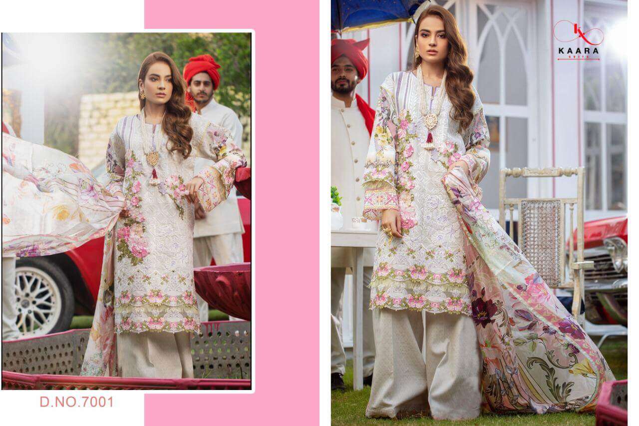 FIRDOUS LAWN COLLECTION VOL-7 BY KAARA SUITS 7001 TO 7006 SERIES BEAUTIFUL SUITS STYLISH FANCY COLORFUL PARTY WEAR & OCCASIONAL WEAR PURE COTTON PRINT WITH EMBROIDERY DRESSES AT WHOLESALE PRICE