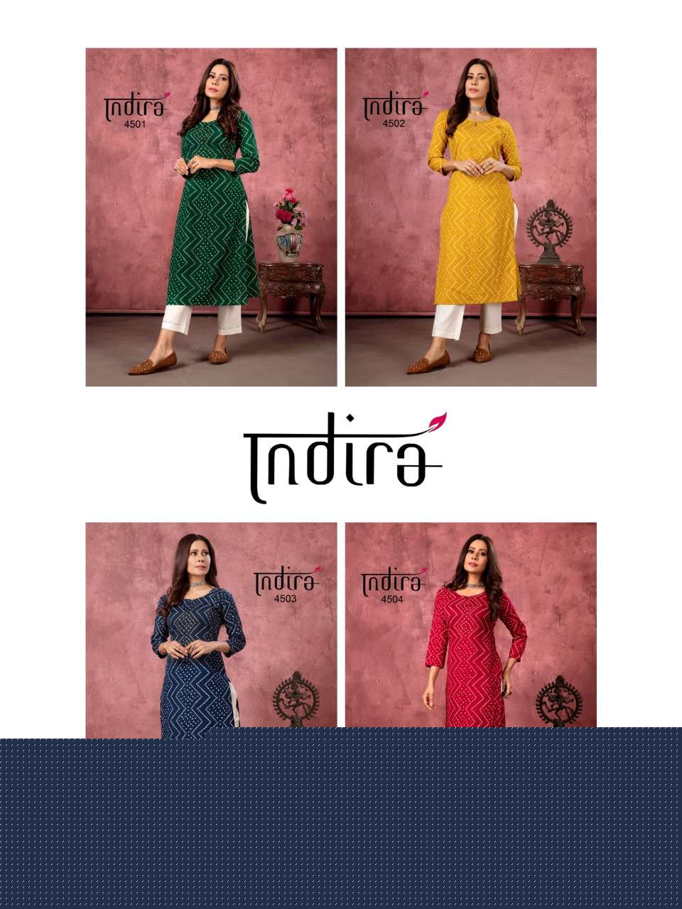 BANDHEJ BY INDIRA 4501 TO 4504 SERIES DESIGNER STYLISH FANCY COLORFUL BEAUTIFUL PARTY WEAR & ETHNIC WEAR COLLECTION PURE LINEN COTTON KURTIS WITH BOTTOM AT WHOLESALE PRICE
