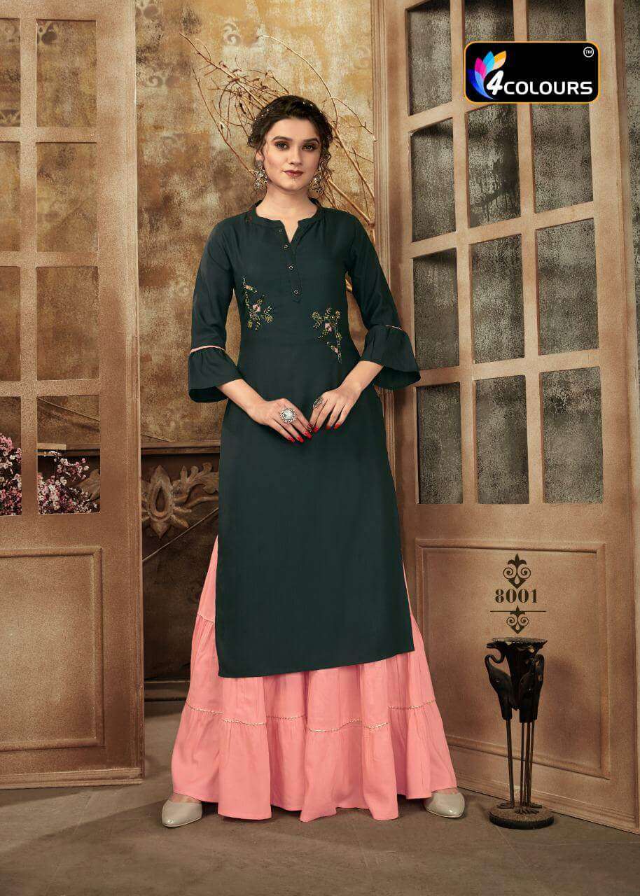 ZULFAT BY 4 COLOURS 8001 TO 8006 SERIES DESIGNER STYLISH FANCY COLORFUL BEAUTIFUL PARTY WEAR & ETHNIC WEAR COLLECTION RAYON KHATLI WORK KURTIS WITH BOTTOM AT WHOLESALE PRICE