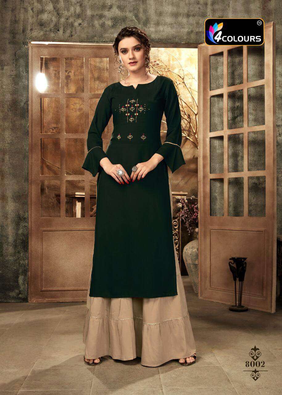ZULFAT BY 4 COLOURS 8001 TO 8006 SERIES DESIGNER STYLISH FANCY COLORFUL BEAUTIFUL PARTY WEAR & ETHNIC WEAR COLLECTION RAYON KHATLI WORK KURTIS WITH BOTTOM AT WHOLESALE PRICE