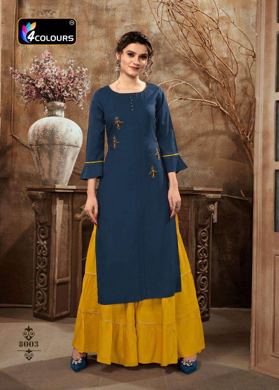 ZULFAT BY 4 COLOURS 8001 TO 8006 SERIES DESIGNER STYLISH FANCY COLORFUL BEAUTIFUL PARTY WEAR & ETHNIC WEAR COLLECTION RAYON KHATLI WORK KURTIS WITH BOTTOM AT WHOLESALE PRICE