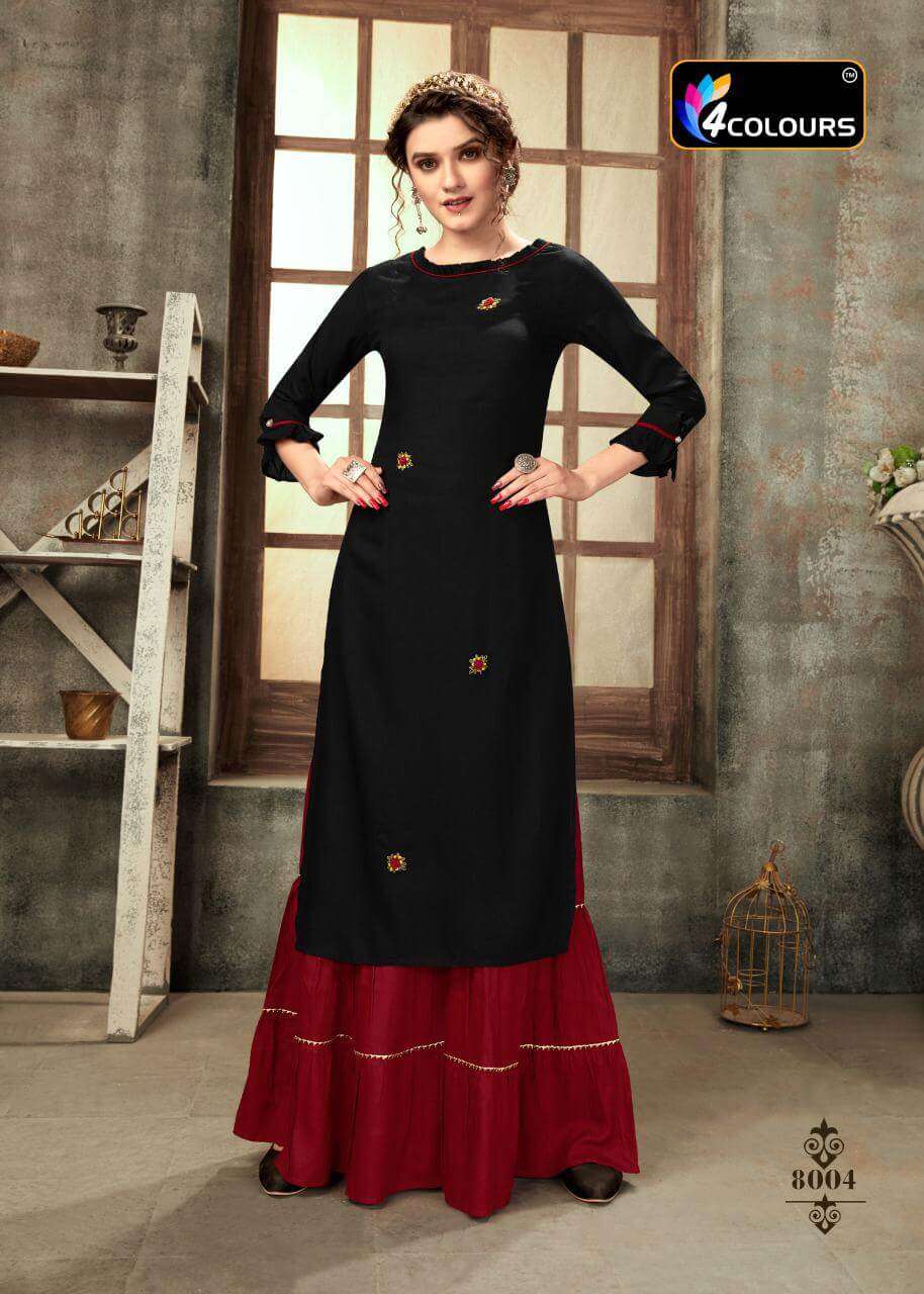 ZULFAT BY 4 COLOURS 8001 TO 8006 SERIES DESIGNER STYLISH FANCY COLORFUL BEAUTIFUL PARTY WEAR & ETHNIC WEAR COLLECTION RAYON KHATLI WORK KURTIS WITH BOTTOM AT WHOLESALE PRICE