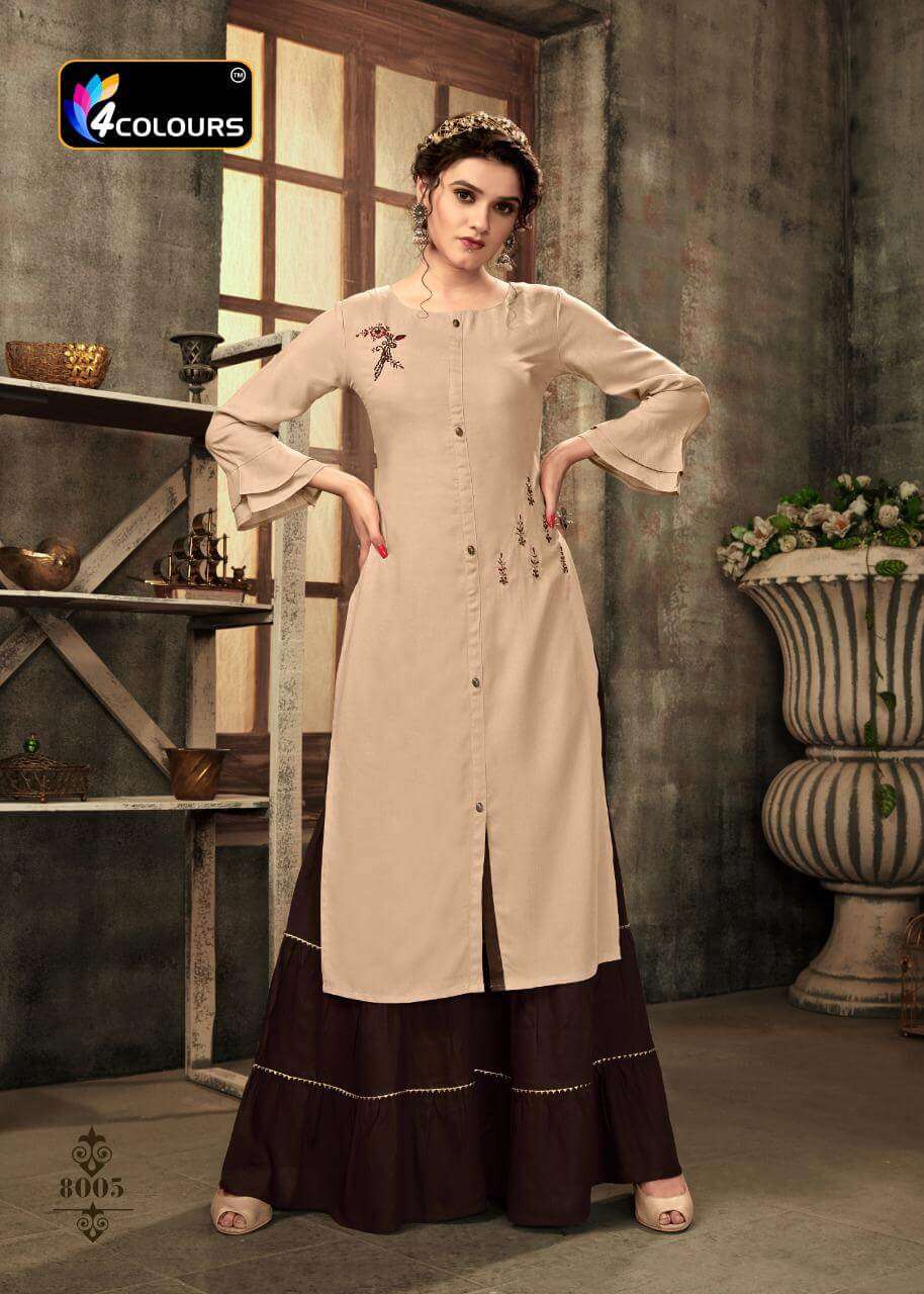 ZULFAT BY 4 COLOURS 8001 TO 8006 SERIES DESIGNER STYLISH FANCY COLORFUL BEAUTIFUL PARTY WEAR & ETHNIC WEAR COLLECTION RAYON KHATLI WORK KURTIS WITH BOTTOM AT WHOLESALE PRICE