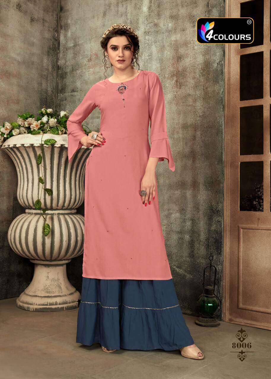 ZULFAT BY 4 COLOURS 8001 TO 8006 SERIES DESIGNER STYLISH FANCY COLORFUL BEAUTIFUL PARTY WEAR & ETHNIC WEAR COLLECTION RAYON KHATLI WORK KURTIS WITH BOTTOM AT WHOLESALE PRICE