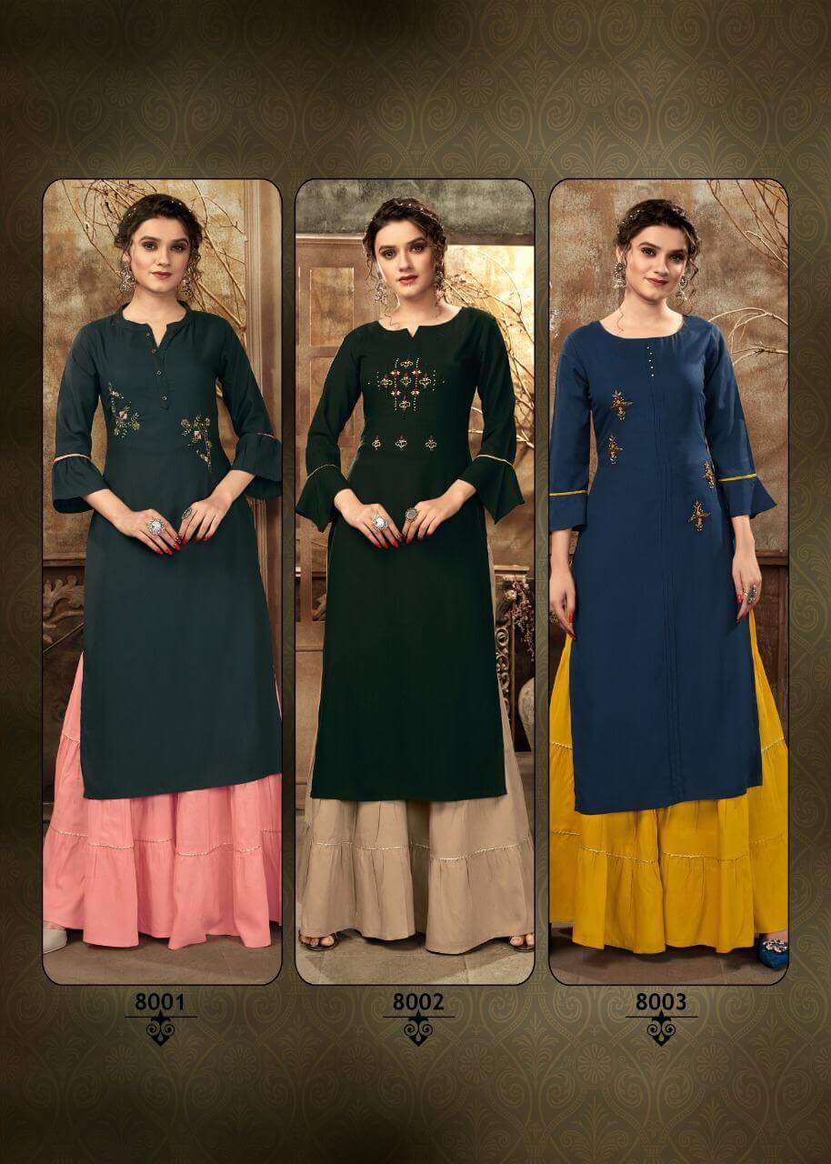 ZULFAT BY 4 COLOURS 8001 TO 8006 SERIES DESIGNER STYLISH FANCY COLORFUL BEAUTIFUL PARTY WEAR & ETHNIC WEAR COLLECTION RAYON KHATLI WORK KURTIS WITH BOTTOM AT WHOLESALE PRICE