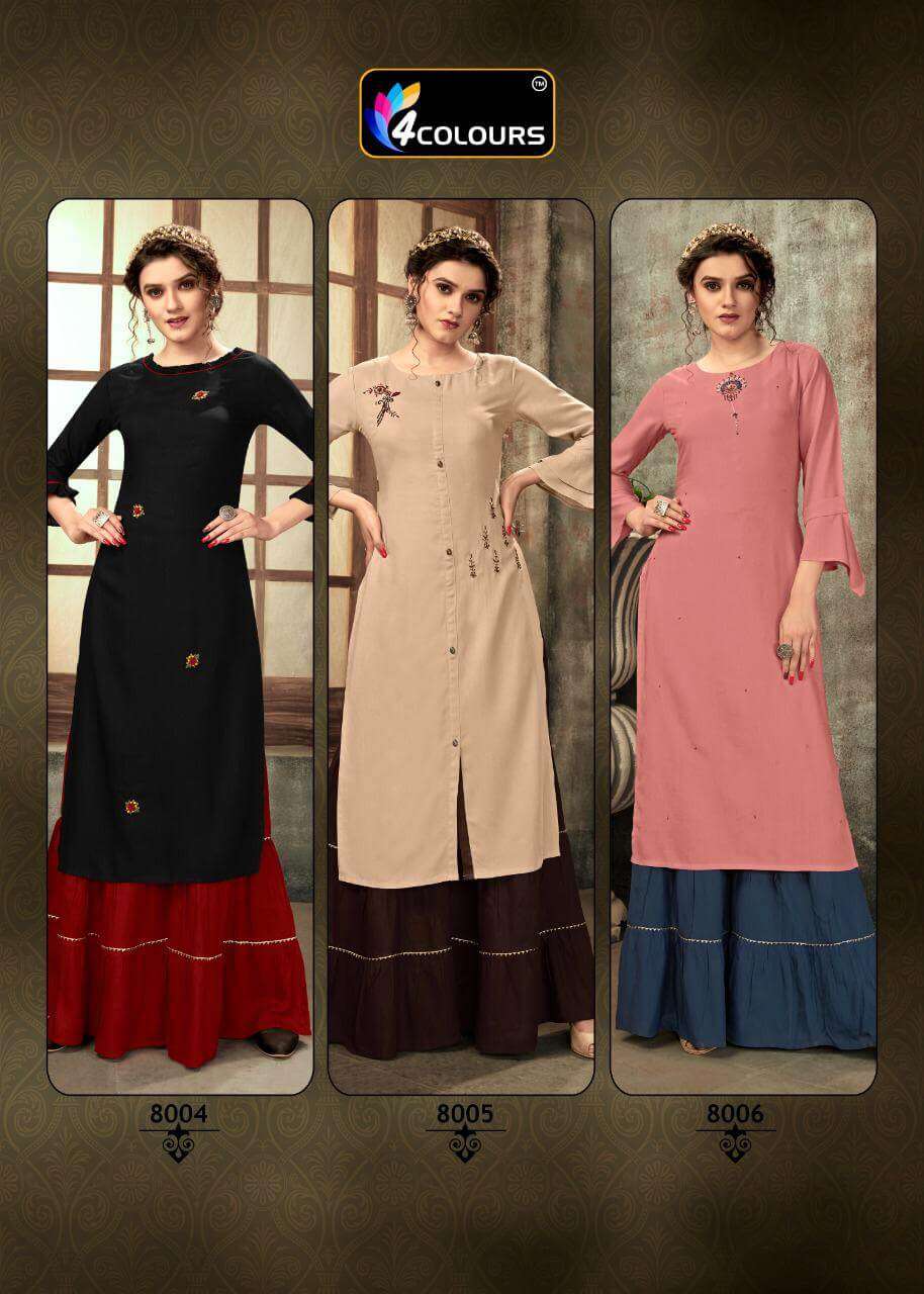 ZULFAT BY 4 COLOURS 8001 TO 8006 SERIES DESIGNER STYLISH FANCY COLORFUL BEAUTIFUL PARTY WEAR & ETHNIC WEAR COLLECTION RAYON KHATLI WORK KURTIS WITH BOTTOM AT WHOLESALE PRICE