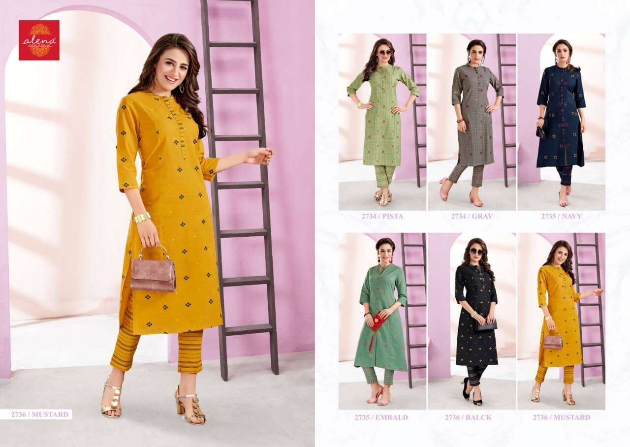 SHUBRA BY ALENA 2734-A TO 2736-B SERIES DESIGNER STYLISH FANCY COLORFUL BEAUTIFUL PARTY WEAR & ETHNIC WEAR COLLECTION COTTON KURTIS WITH BOTTOM AT WHOLESALE PRICE