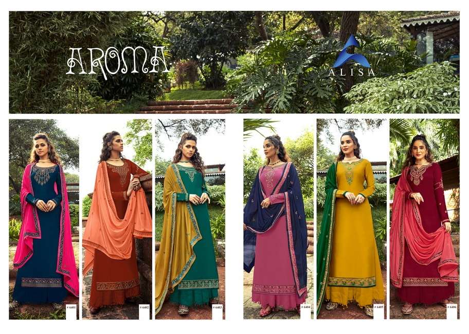 AROMA BY ALISA 6401 TO 6406 SERIES BEAUTIFUL STYLISH SHARARA SUITS FANCY COLORFUL CASUAL WEAR & ETHNIC WEAR & READY TO WEAR PURE MODAL SATIN EMBROIDERED DRESSES AT WHOLESALE PRICE