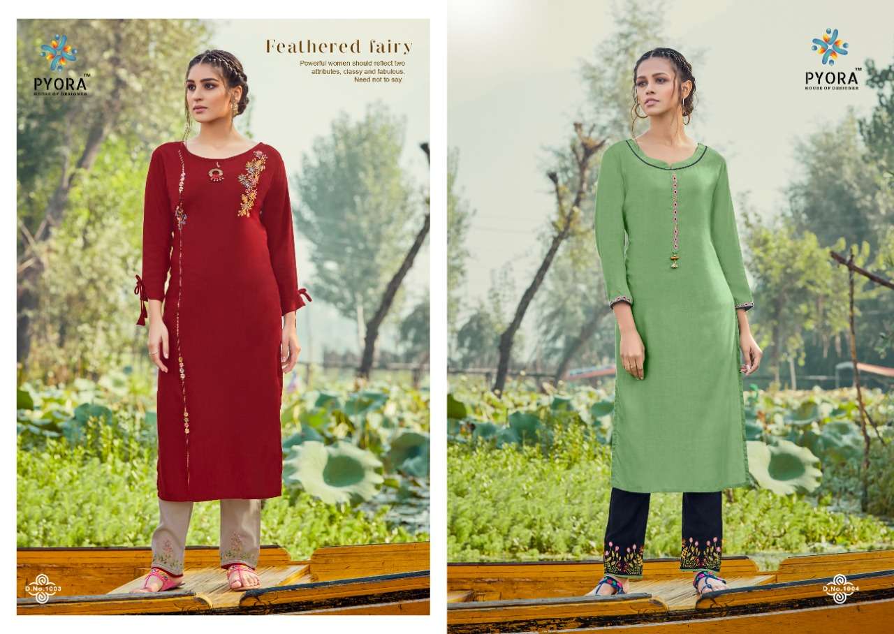 PANTHEE BY PYORA 1001 TO 1006 SERIES DESIGNER STYLISH FANCY COLORFUL BEAUTIFUL PARTY WEAR & ETHNIC WEAR COLLECTION PURE RAYON SLUB EMBROIDERY KURTIS WITH BOTTOM AT WHOLESALE PRICE