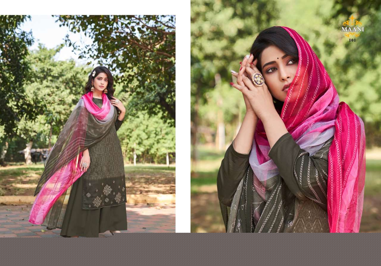 MAANI BY LAVINA 101 TO 106 SERIES BEAUTIFUL STYLISH SHARARA SUITS FANCY COLORFUL CASUAL WEAR & ETHNIC WEAR & READY TO WEAR PURE JAM COTTON EMBROIDERED DRESSES AT WHOLESALE PRICE