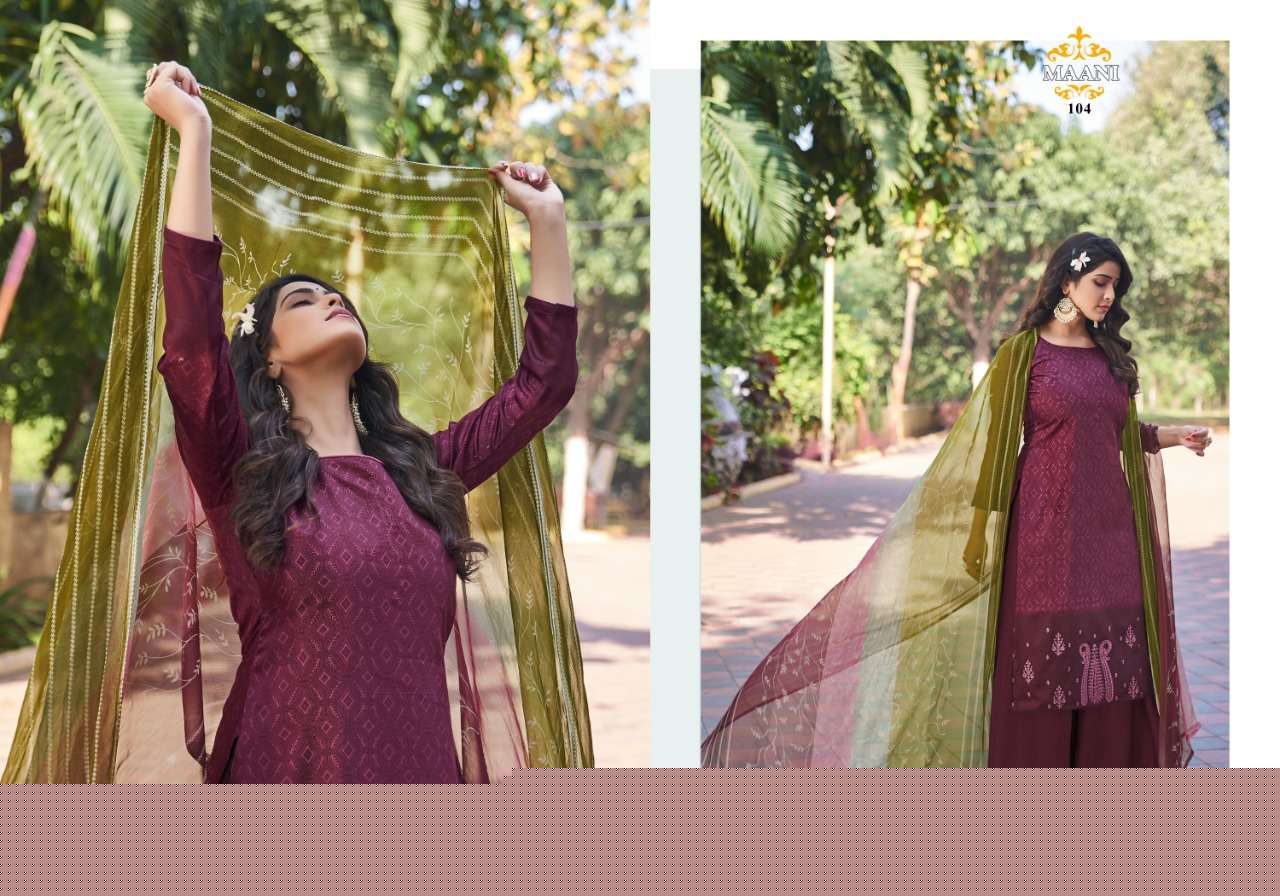 MAANI BY LAVINA 101 TO 106 SERIES BEAUTIFUL STYLISH SHARARA SUITS FANCY COLORFUL CASUAL WEAR & ETHNIC WEAR & READY TO WEAR PURE JAM COTTON EMBROIDERED DRESSES AT WHOLESALE PRICE