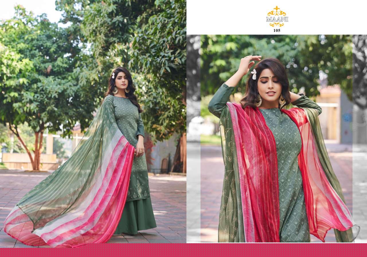 MAANI BY LAVINA 101 TO 106 SERIES BEAUTIFUL STYLISH SHARARA SUITS FANCY COLORFUL CASUAL WEAR & ETHNIC WEAR & READY TO WEAR PURE JAM COTTON EMBROIDERED DRESSES AT WHOLESALE PRICE