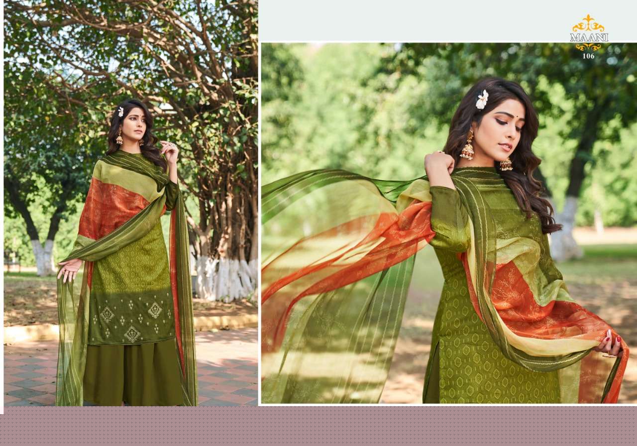 MAANI BY LAVINA 101 TO 106 SERIES BEAUTIFUL STYLISH SHARARA SUITS FANCY COLORFUL CASUAL WEAR & ETHNIC WEAR & READY TO WEAR PURE JAM COTTON EMBROIDERED DRESSES AT WHOLESALE PRICE