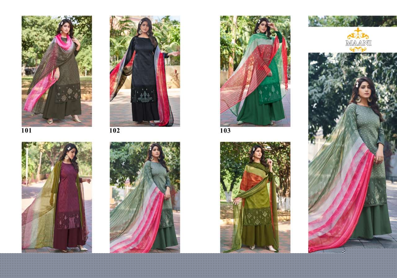 MAANI BY LAVINA 101 TO 106 SERIES BEAUTIFUL STYLISH SHARARA SUITS FANCY COLORFUL CASUAL WEAR & ETHNIC WEAR & READY TO WEAR PURE JAM COTTON EMBROIDERED DRESSES AT WHOLESALE PRICE