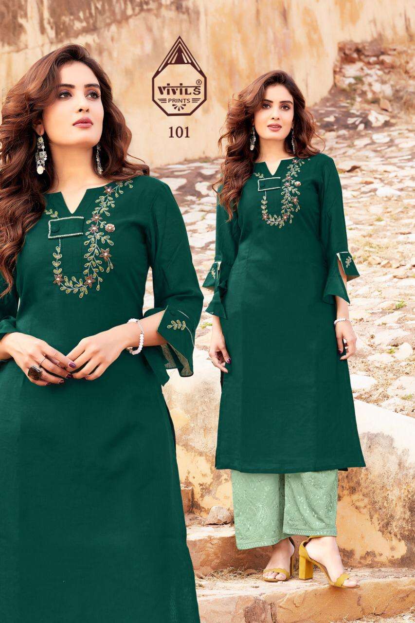 GLAMOUR VOL-5 BY VIVILS PRINTS 101 TO 107 SERIES DESIGNER STYLISH FANCY COLORFUL BEAUTIFUL PARTY WEAR & ETHNIC WEAR COLLECTION VISCOSE MUSLIN KURTIS WITH BOTTOM AT WHOLESALE PRICE