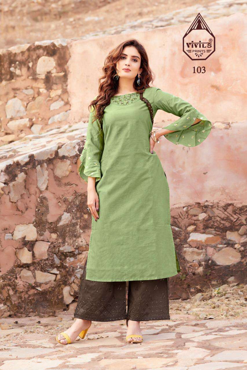 GLAMOUR VOL-5 BY VIVILS PRINTS 101 TO 107 SERIES DESIGNER STYLISH FANCY COLORFUL BEAUTIFUL PARTY WEAR & ETHNIC WEAR COLLECTION VISCOSE MUSLIN KURTIS WITH BOTTOM AT WHOLESALE PRICE