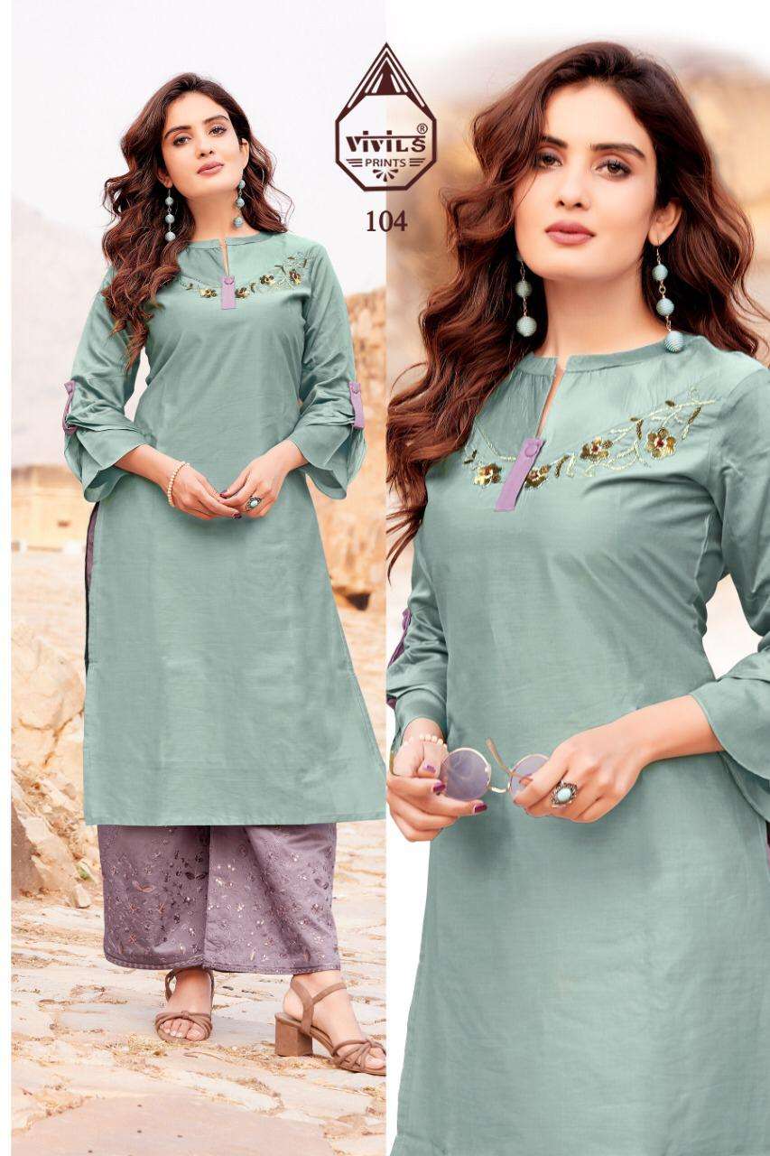 GLAMOUR VOL-5 BY VIVILS PRINTS 101 TO 107 SERIES DESIGNER STYLISH FANCY COLORFUL BEAUTIFUL PARTY WEAR & ETHNIC WEAR COLLECTION VISCOSE MUSLIN KURTIS WITH BOTTOM AT WHOLESALE PRICE