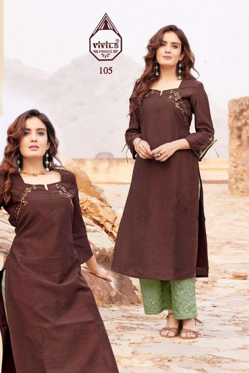 GLAMOUR VOL-5 BY VIVILS PRINTS 101 TO 107 SERIES DESIGNER STYLISH FANCY COLORFUL BEAUTIFUL PARTY WEAR & ETHNIC WEAR COLLECTION VISCOSE MUSLIN KURTIS WITH BOTTOM AT WHOLESALE PRICE