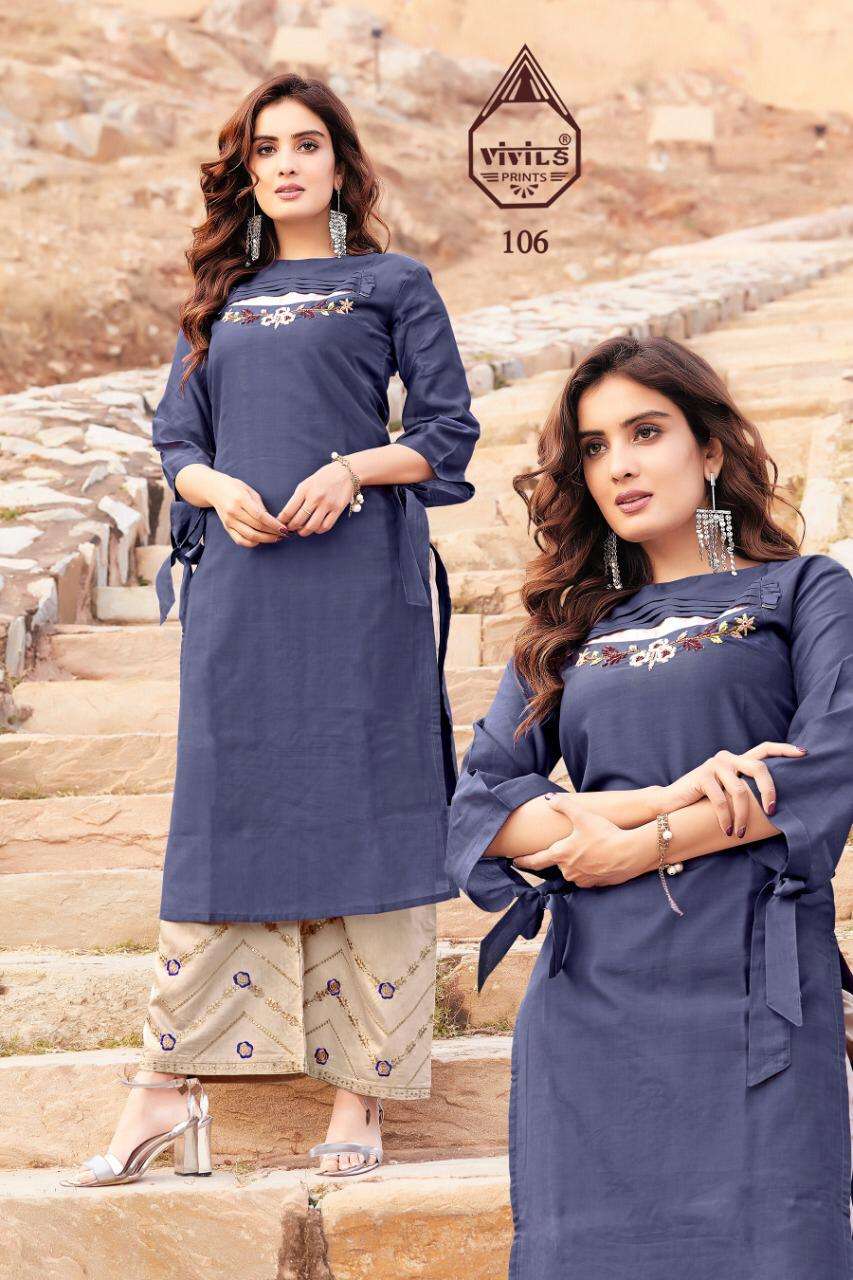GLAMOUR VOL-5 BY VIVILS PRINTS 101 TO 107 SERIES DESIGNER STYLISH FANCY COLORFUL BEAUTIFUL PARTY WEAR & ETHNIC WEAR COLLECTION VISCOSE MUSLIN KURTIS WITH BOTTOM AT WHOLESALE PRICE
