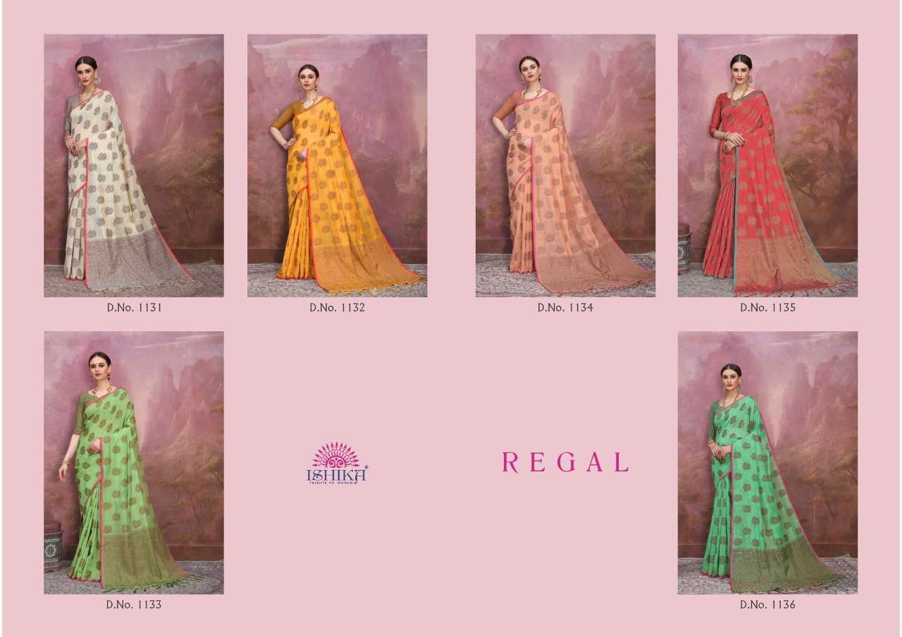 REGAL BY ISHIKA FASHION 1131 TO 1136 SERIES INDIAN TRADITIONAL WEAR COLLECTION BEAUTIFUL STYLISH FANCY COLORFUL PARTY WEAR & OCCASIONAL WEAR LINEN SAREES AT WHOLESALE PRICE