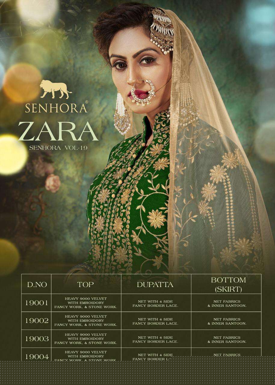 ZARA VOL-19 BY SENHORA DRESSES 19001 TO 19004 SERIES DESIGNER SUITS BEAUTIFUL STYLISH FANCY COLORFUL PARTY WEAR & OCCASIONAL WEAR VELVET EMBROIDERED DRESSES AT WHOLESALE PRICE