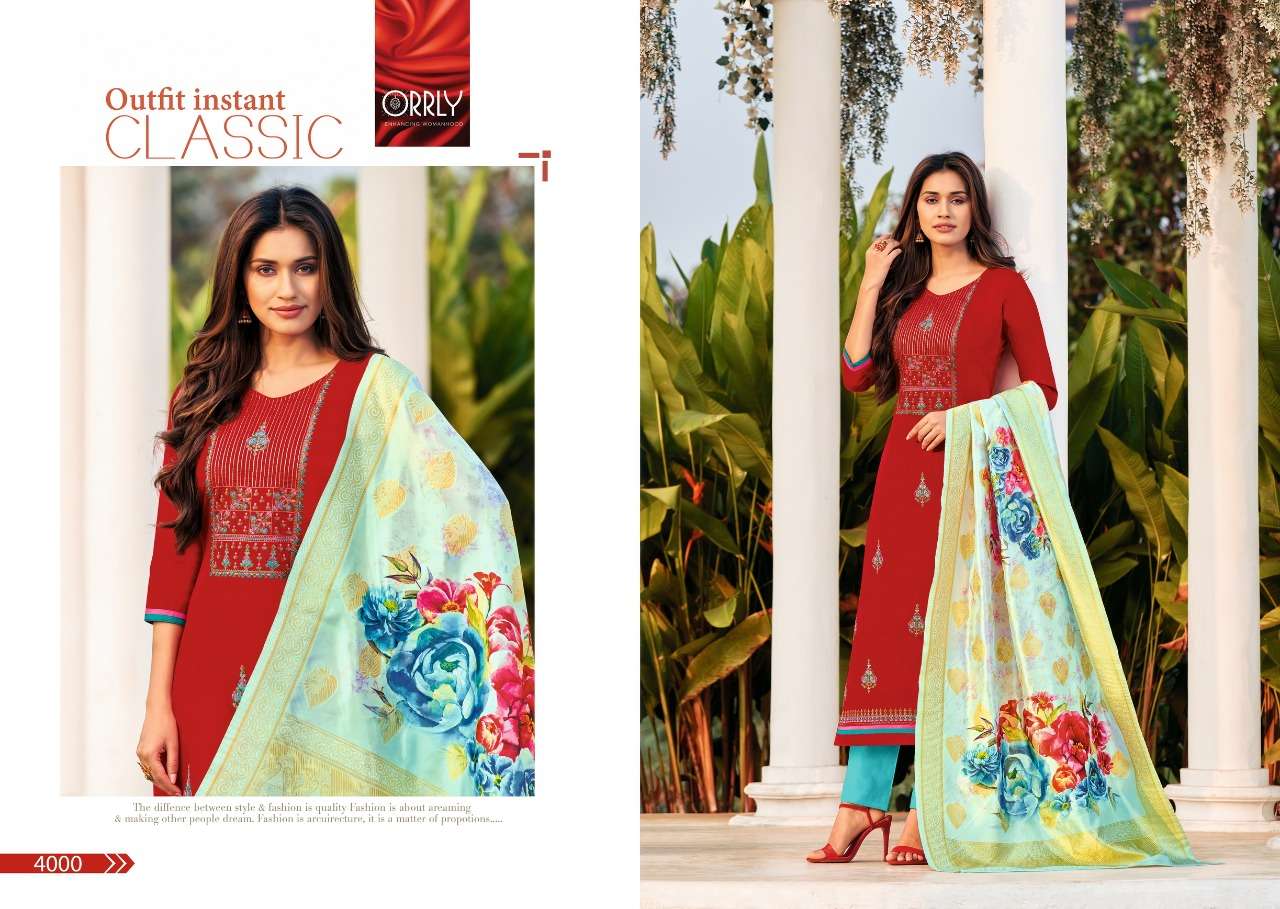 KHANAK BY ORRLY 4000 TO 4006 SERIES BEAUTIFUL STYLISH SUITS FANCY COLORFUL CASUAL WEAR & ETHNIC WEAR & READY TO WEAR JAM COTTON EMBROIDERED DRESSES AT WHOLESALE PRICE