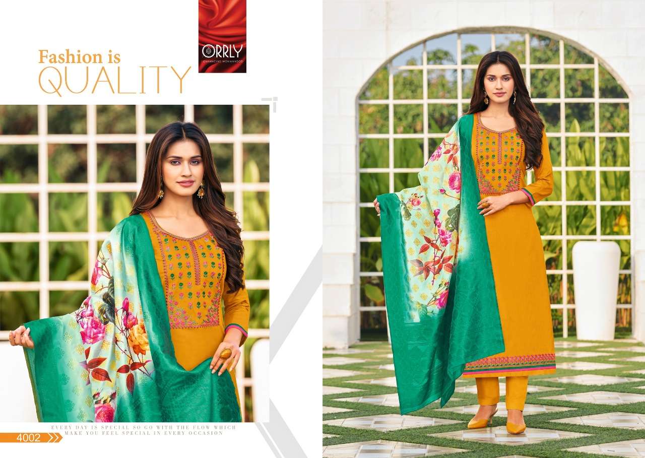 KHANAK BY ORRLY 4000 TO 4006 SERIES BEAUTIFUL STYLISH SUITS FANCY COLORFUL CASUAL WEAR & ETHNIC WEAR & READY TO WEAR JAM COTTON EMBROIDERED DRESSES AT WHOLESALE PRICE