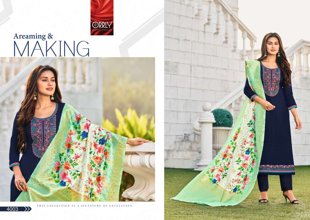 KHANAK BY ORRLY 4000 TO 4006 SERIES BEAUTIFUL STYLISH SUITS FANCY COLORFUL CASUAL WEAR & ETHNIC WEAR & READY TO WEAR JAM COTTON EMBROIDERED DRESSES AT WHOLESALE PRICE