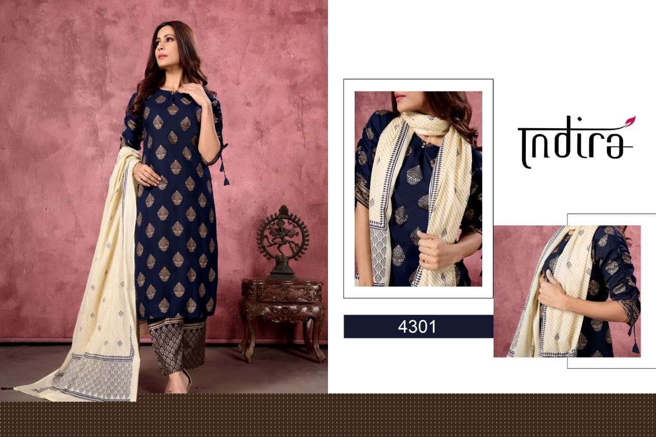 AFREEN BY INDIRA 4301 TO 4304 SERIES BEAUTIFUL SUITS STYLISH FANCY COLORFUL PARTY WEAR & OCCASIONAL WEAR RAYON GOLD PRINTED DRESSES AT WHOLESALE PRICE