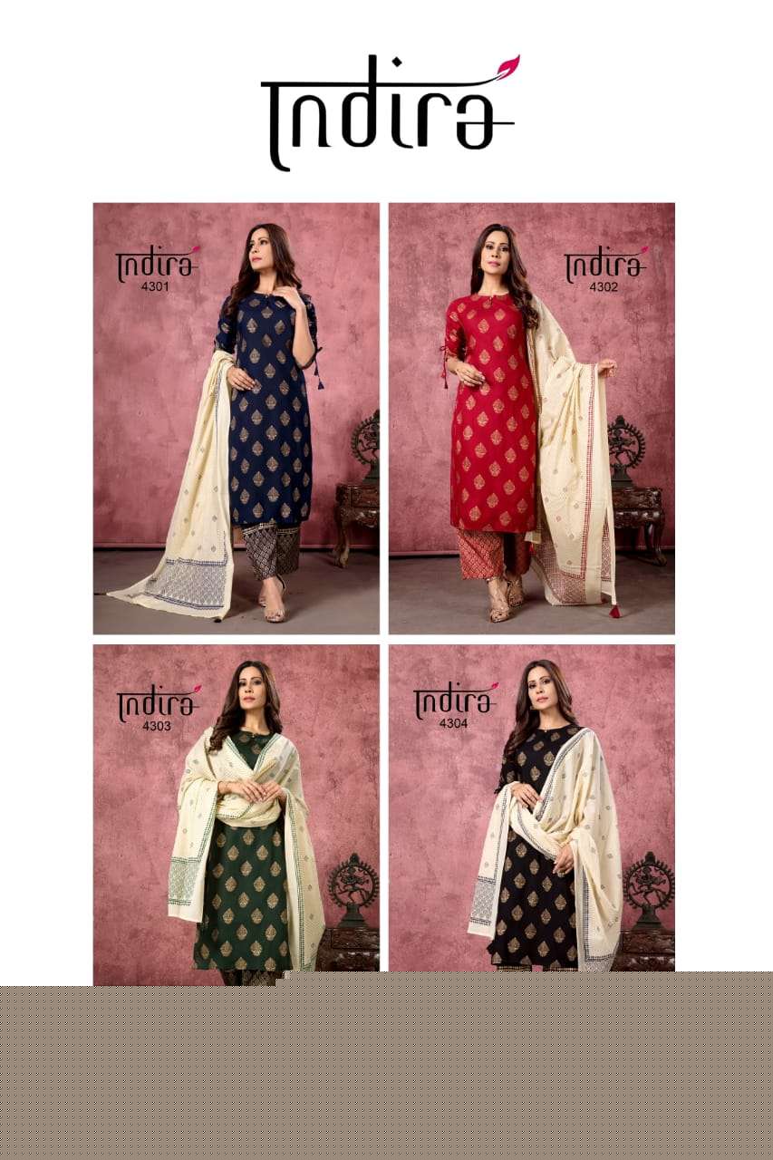 AFREEN BY INDIRA 4301 TO 4304 SERIES BEAUTIFUL SUITS STYLISH FANCY COLORFUL PARTY WEAR & OCCASIONAL WEAR RAYON GOLD PRINTED DRESSES AT WHOLESALE PRICE