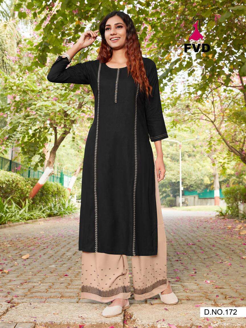 PARI VOL-1 BY FVD 172 TO 177 SERIES DESIGNER STYLISH FANCY COLORFUL BEAUTIFUL PARTY WEAR & ETHNIC WEAR COLLECTION RAYON EMBROIDERED KURTIS WITH BOTTOM AT WHOLESALE PRICE