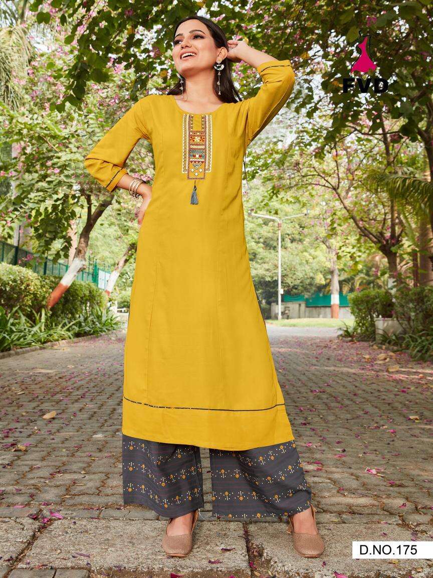 PARI VOL-1 BY FVD 172 TO 177 SERIES DESIGNER STYLISH FANCY COLORFUL BEAUTIFUL PARTY WEAR & ETHNIC WEAR COLLECTION RAYON EMBROIDERED KURTIS WITH BOTTOM AT WHOLESALE PRICE