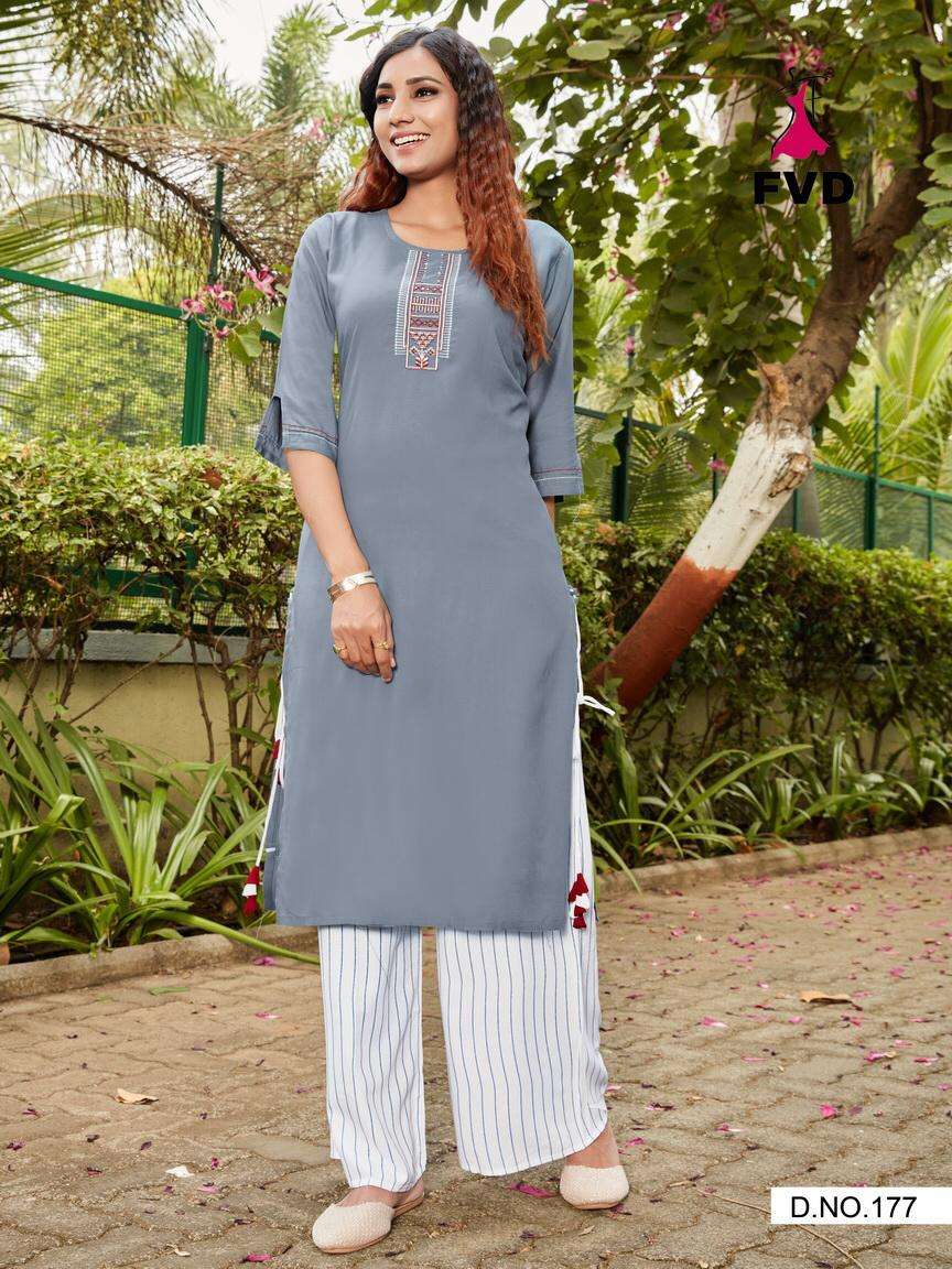 PARI VOL-1 BY FVD 172 TO 177 SERIES DESIGNER STYLISH FANCY COLORFUL BEAUTIFUL PARTY WEAR & ETHNIC WEAR COLLECTION RAYON EMBROIDERED KURTIS WITH BOTTOM AT WHOLESALE PRICE