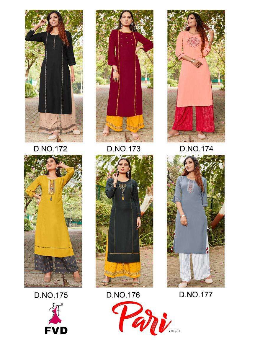PARI VOL-1 BY FVD 172 TO 177 SERIES DESIGNER STYLISH FANCY COLORFUL BEAUTIFUL PARTY WEAR & ETHNIC WEAR COLLECTION RAYON EMBROIDERED KURTIS WITH BOTTOM AT WHOLESALE PRICE