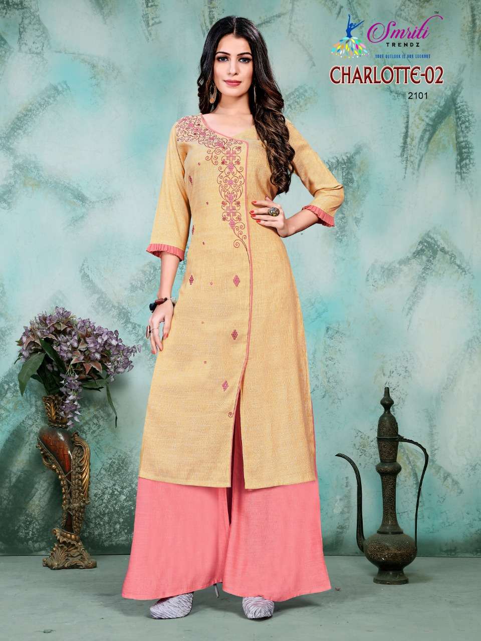 CHARLOTTE VOL-2 BY SMRITI 2101 TO 2108 SERIES DESIGNER STYLISH FANCY COLORFUL BEAUTIFUL PARTY WEAR & ETHNIC WEAR COLLECTION RAYON EMBROIDERED KURTIS WITH BOTTOM AT WHOLESALE PRICE