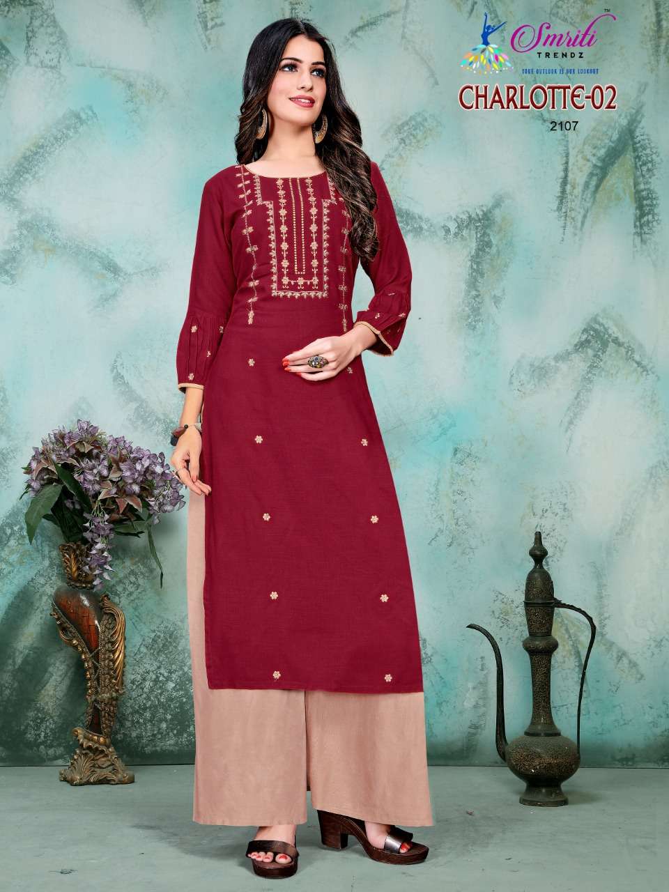 CHARLOTTE VOL-2 BY SMRITI 2101 TO 2108 SERIES DESIGNER STYLISH FANCY COLORFUL BEAUTIFUL PARTY WEAR & ETHNIC WEAR COLLECTION RAYON EMBROIDERED KURTIS WITH BOTTOM AT WHOLESALE PRICE