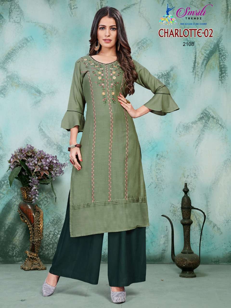 CHARLOTTE VOL-2 BY SMRITI 2101 TO 2108 SERIES DESIGNER STYLISH FANCY COLORFUL BEAUTIFUL PARTY WEAR & ETHNIC WEAR COLLECTION RAYON EMBROIDERED KURTIS WITH BOTTOM AT WHOLESALE PRICE