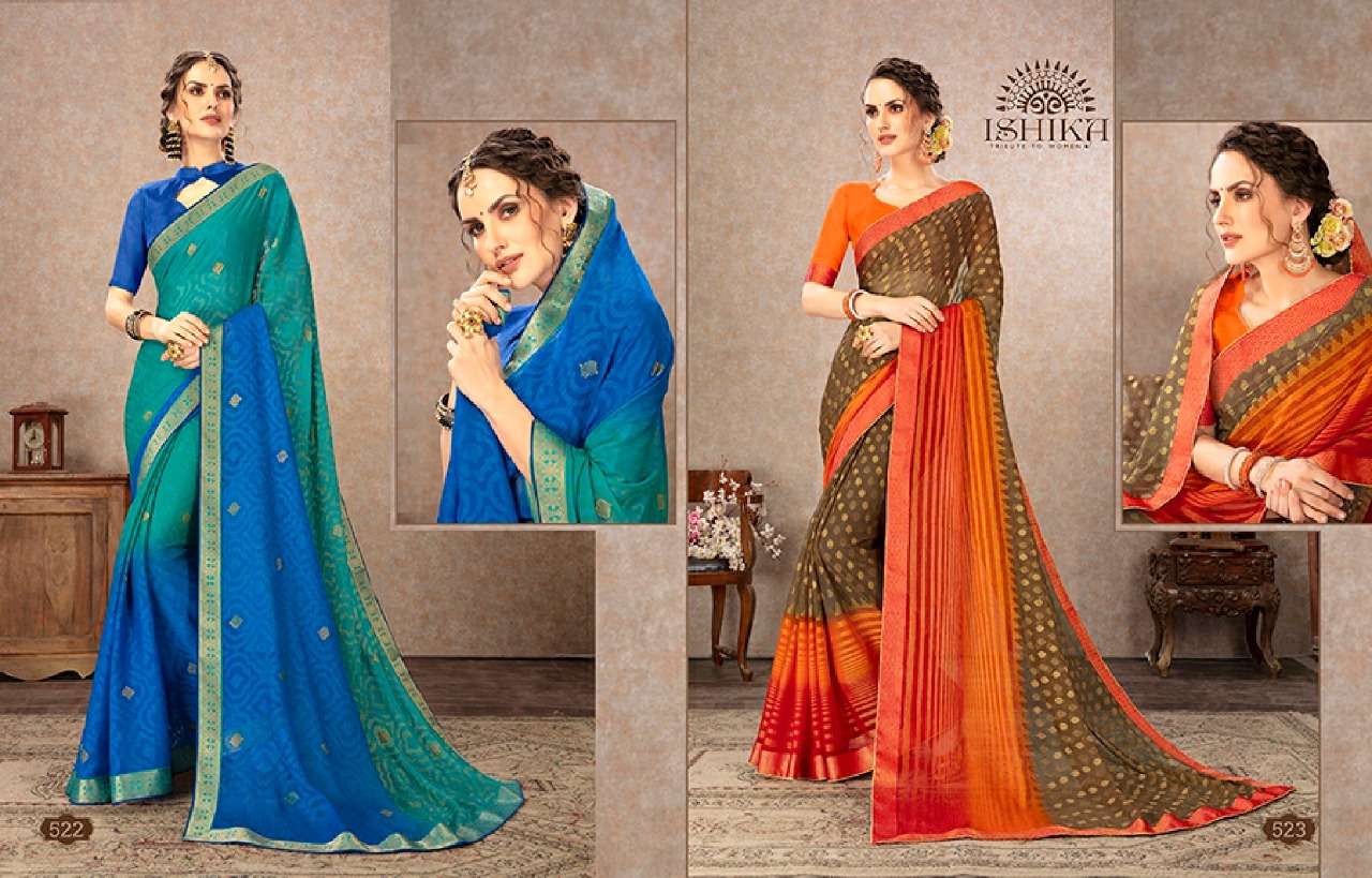 SHUBHAM BY ISHIKA FASHION 521 TO 534 SERIES INDIAN TRADITIONAL WEAR COLLECTION BEAUTIFUL STYLISH FANCY COLORFUL PARTY WEAR & OCCASIONAL WEAR CHIFFON BRASSO SAREES AT WHOLESALE PRICE