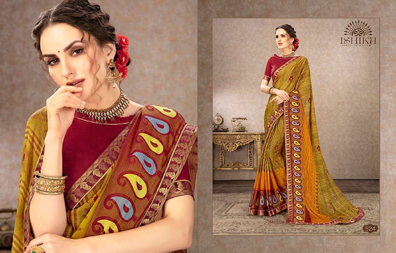 SHUBHAM BY ISHIKA FASHION 521 TO 534 SERIES INDIAN TRADITIONAL WEAR COLLECTION BEAUTIFUL STYLISH FANCY COLORFUL PARTY WEAR & OCCASIONAL WEAR CHIFFON BRASSO SAREES AT WHOLESALE PRICE