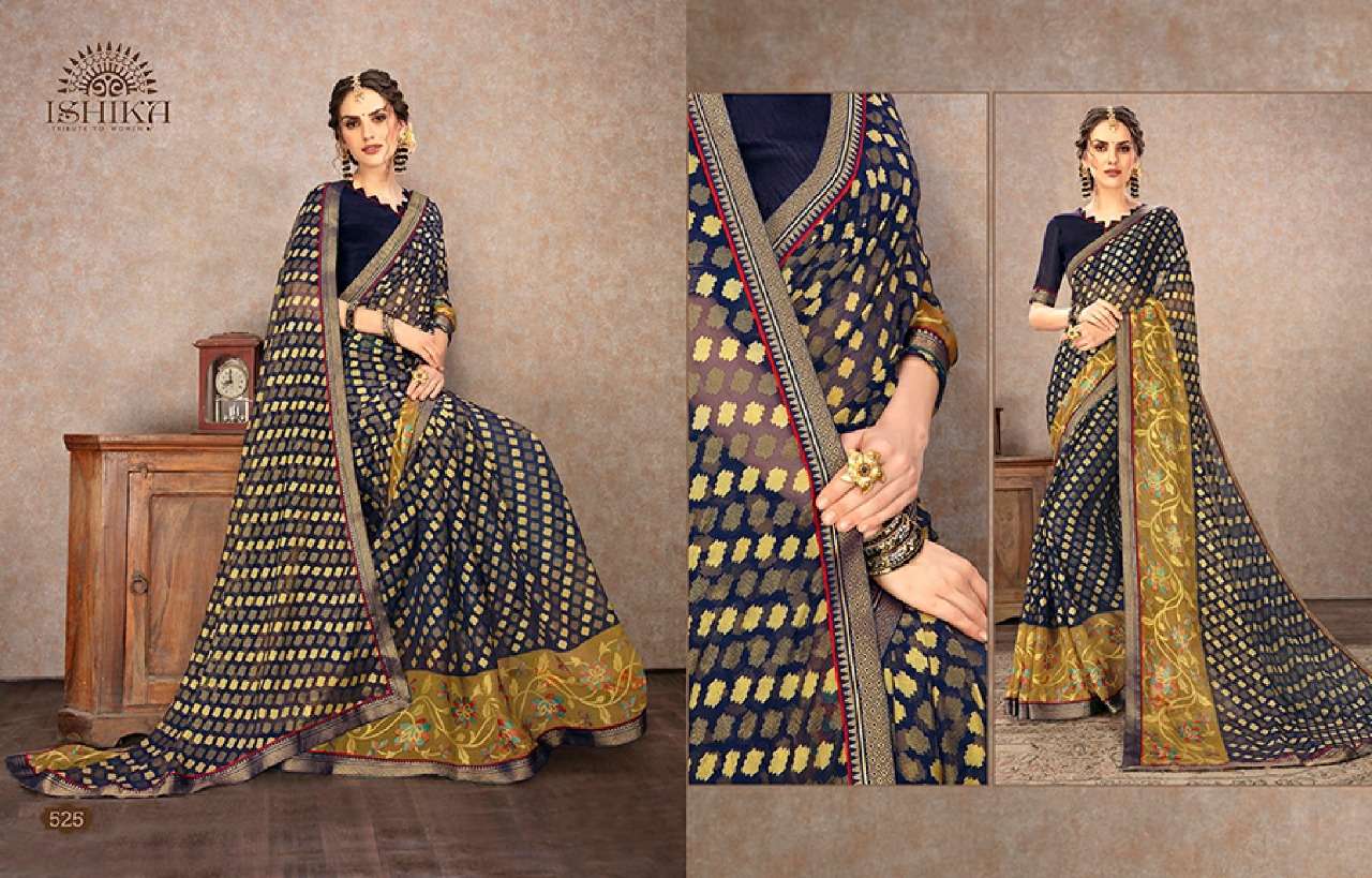 SHUBHAM BY ISHIKA FASHION 521 TO 534 SERIES INDIAN TRADITIONAL WEAR COLLECTION BEAUTIFUL STYLISH FANCY COLORFUL PARTY WEAR & OCCASIONAL WEAR CHIFFON BRASSO SAREES AT WHOLESALE PRICE
