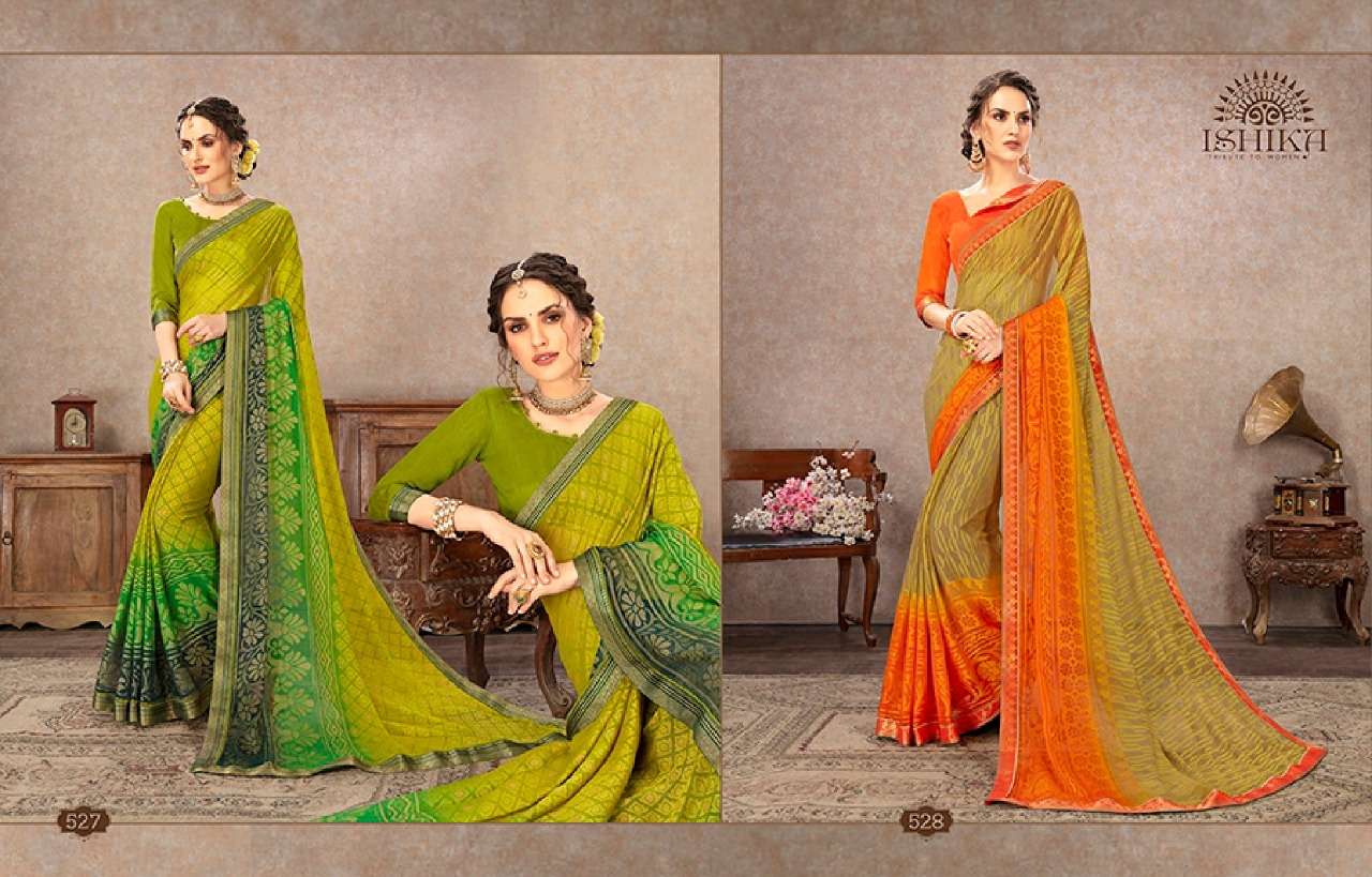 SHUBHAM BY ISHIKA FASHION 521 TO 534 SERIES INDIAN TRADITIONAL WEAR COLLECTION BEAUTIFUL STYLISH FANCY COLORFUL PARTY WEAR & OCCASIONAL WEAR CHIFFON BRASSO SAREES AT WHOLESALE PRICE
