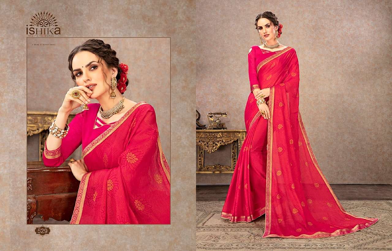 SHUBHAM BY ISHIKA FASHION 521 TO 534 SERIES INDIAN TRADITIONAL WEAR COLLECTION BEAUTIFUL STYLISH FANCY COLORFUL PARTY WEAR & OCCASIONAL WEAR CHIFFON BRASSO SAREES AT WHOLESALE PRICE