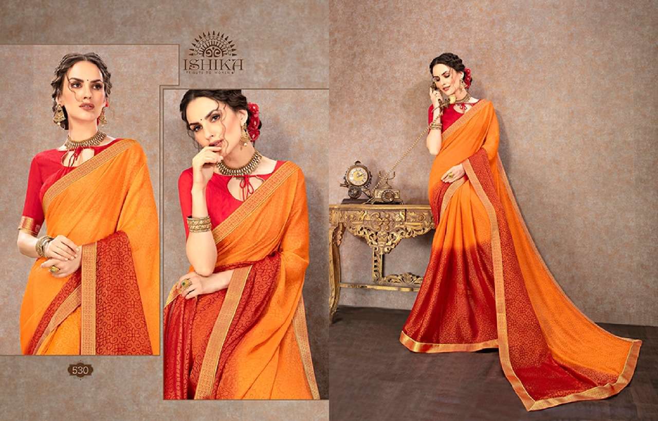 SHUBHAM BY ISHIKA FASHION 521 TO 534 SERIES INDIAN TRADITIONAL WEAR COLLECTION BEAUTIFUL STYLISH FANCY COLORFUL PARTY WEAR & OCCASIONAL WEAR CHIFFON BRASSO SAREES AT WHOLESALE PRICE