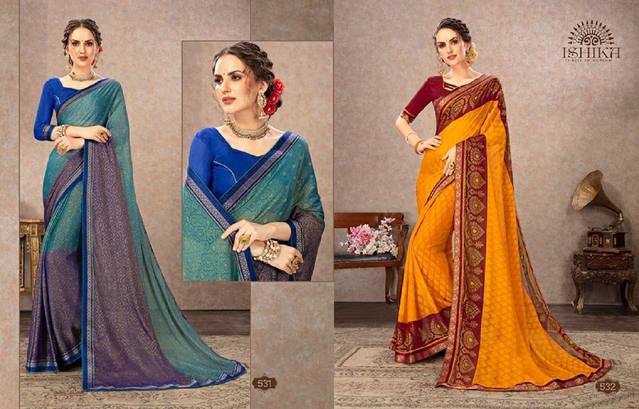 SHUBHAM BY ISHIKA FASHION 521 TO 534 SERIES INDIAN TRADITIONAL WEAR COLLECTION BEAUTIFUL STYLISH FANCY COLORFUL PARTY WEAR & OCCASIONAL WEAR CHIFFON BRASSO SAREES AT WHOLESALE PRICE