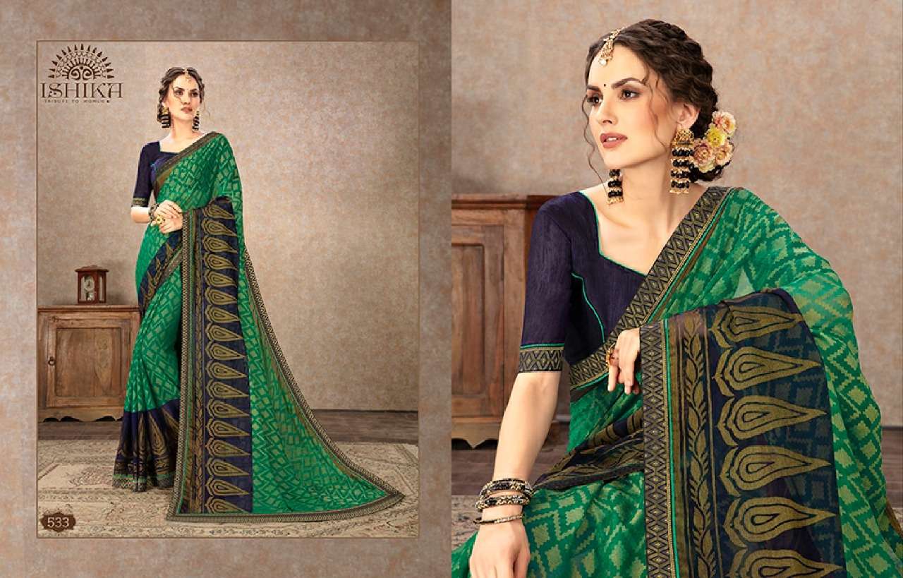 SHUBHAM BY ISHIKA FASHION 521 TO 534 SERIES INDIAN TRADITIONAL WEAR COLLECTION BEAUTIFUL STYLISH FANCY COLORFUL PARTY WEAR & OCCASIONAL WEAR CHIFFON BRASSO SAREES AT WHOLESALE PRICE