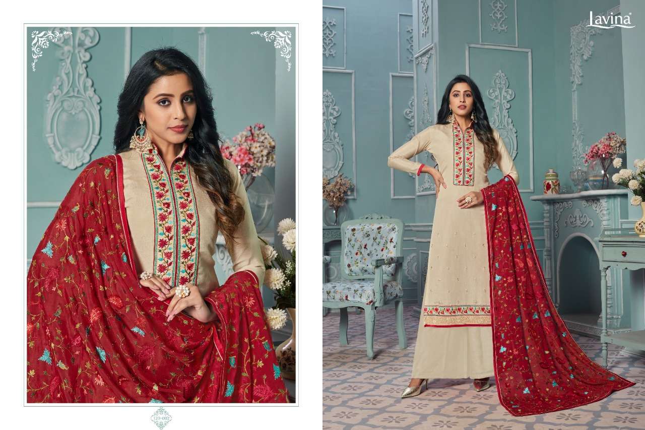 LAVINA VOL-120 BY LAVINA 120-001 TO 120-004 SERIES BEAUTIFUL PAKISTANI SUITS COLORFUL STYLISH FANCY CASUAL WEAR & ETHNIC WEAR TUSSAR SILK EMBROIDERED DRESSES AT WHOLESALE PRICE