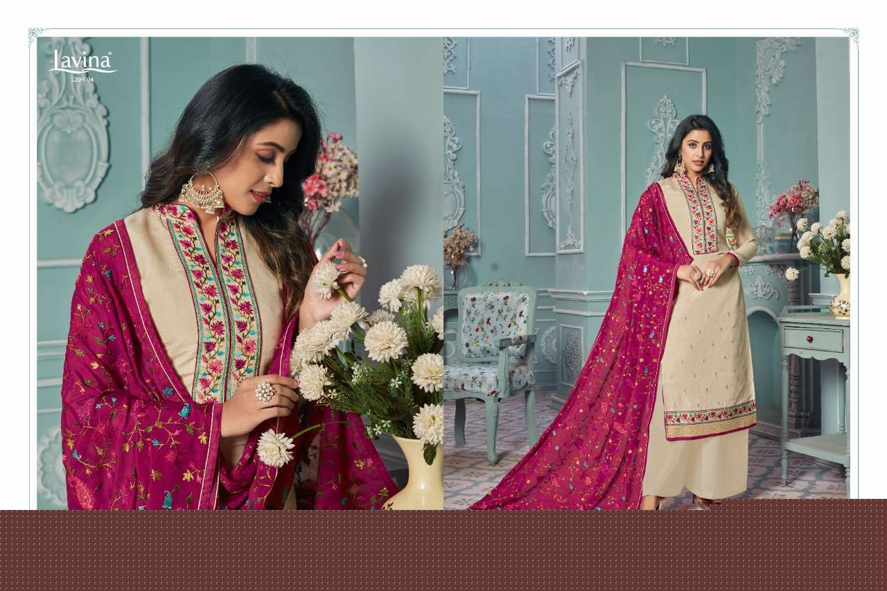 LAVINA VOL-120 BY LAVINA 120-001 TO 120-004 SERIES BEAUTIFUL PAKISTANI SUITS COLORFUL STYLISH FANCY CASUAL WEAR & ETHNIC WEAR TUSSAR SILK EMBROIDERED DRESSES AT WHOLESALE PRICE