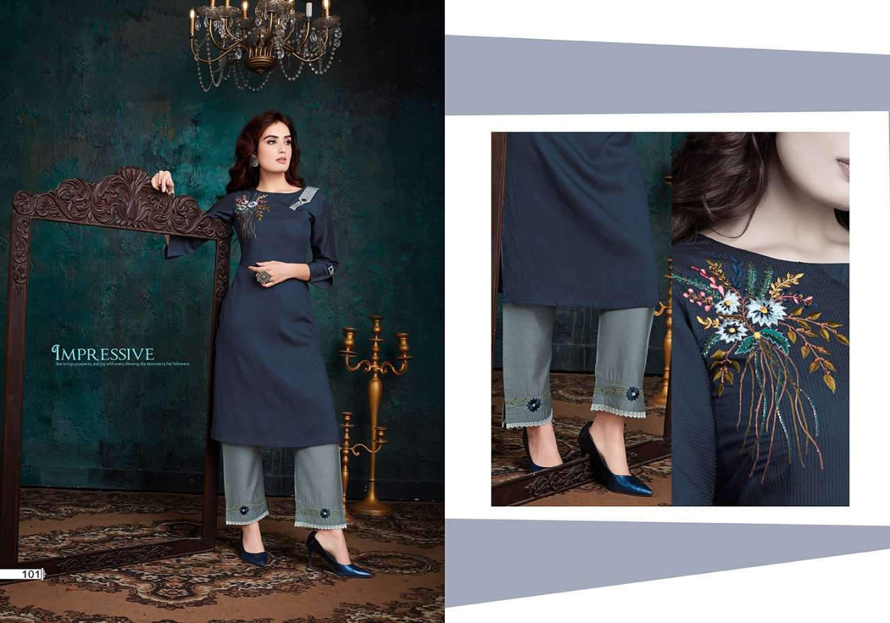 SHERON BY VIVILS PRINTS 101 TO 107 SERIES BEAUTIFUL STYLISH FANCY COLORFUL CASUAL WEAR & ETHNIC WEAR & READY TO WEAR VISCOSE MUSLIN KURTIS WITH BOTTOM AT WHOLESALE PRICE