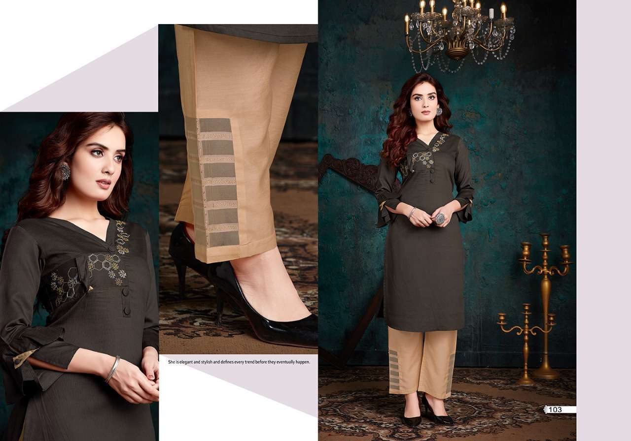 SHERON BY VIVILS PRINTS 101 TO 107 SERIES BEAUTIFUL STYLISH FANCY COLORFUL CASUAL WEAR & ETHNIC WEAR & READY TO WEAR VISCOSE MUSLIN KURTIS WITH BOTTOM AT WHOLESALE PRICE